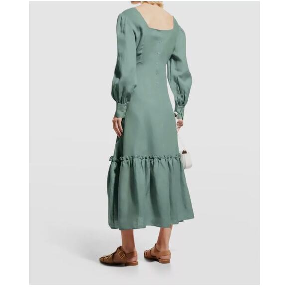 Harshman Bloom Sage Green Long Sleeve Square Neck Flounce Midi Dress Size S - Picture 2 of 12